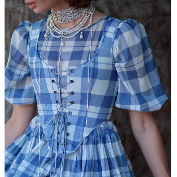 Selkie The Tea Towel  Duchess Corset Top Small Lace Up Blue White Check - Picture 2 of 9